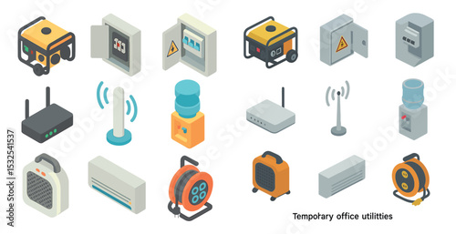 Electrical utilities isometric icons set – 3d, energy, power supply symbols