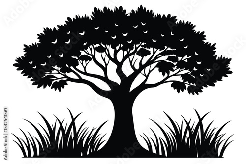Silhouette Illustration of Tree with Dense Foliage and Grass Patches in Black