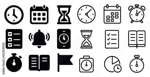 Time management icons set – outline, linear, scheduling and planning symbols