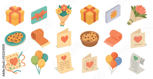 Gift and celebration icons set – isometric, presents, party favors in 3d style