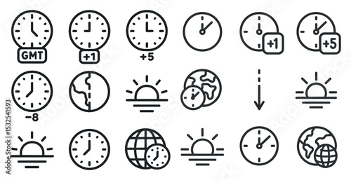 Time and world line icons set – outline, clock, global timekeeping symbols