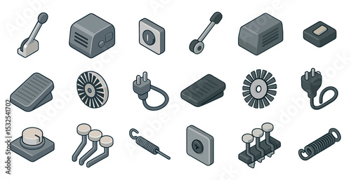 Mechanical parts isometric icons set – 3d, components, engineering visuals