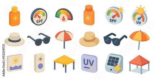 Summer and sun protection icons set – isometric, spf, sunscreen symbols