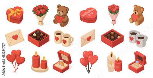 Valentine's day isometric icons set – romantic, holiday, love symbols for couples