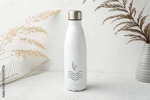 Stylish White Water Bottle with Minimalist Design on White Background
