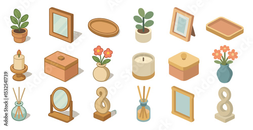 Home decor isometric icons set – stylish, 3d, interior design and decorative elements