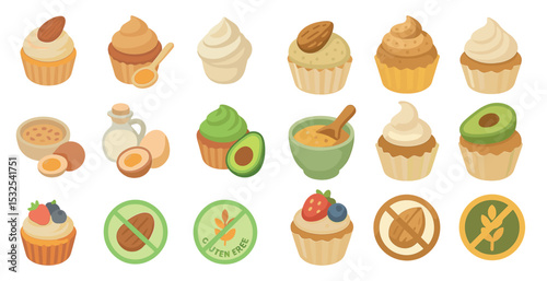 Baking and gluten-free icons set - isometric, filled, cupcake and food symbols