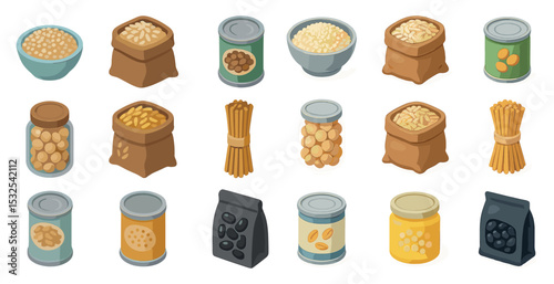 Canned and dry food icons set – isometric, pantry, grocery storage symbols