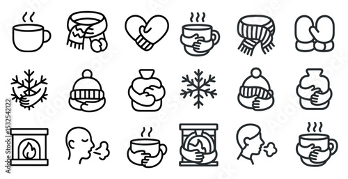 Winter comfort outline icons set – hygge, cozy symbols, warmth illustrations