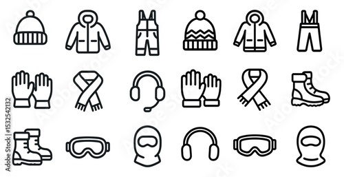 Winter clothing line icons set – outline, apparel, cold weather gear symbols