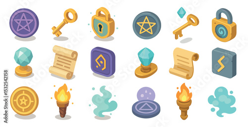 Mystical and magic isometric icons set – enchanted, fantasy, magical symbols