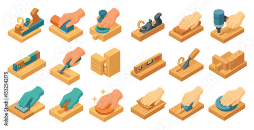 Woodworking and carpentry isometric icons set – tools, craftsmanship, diy symbols