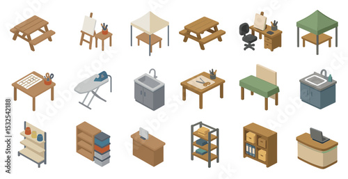 Home and office isometric icons set – furniture, workspace, 3d essentials