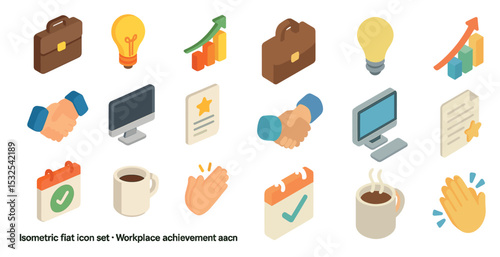 Business and office isometric icons set – workplace, achievement, productivity symbols