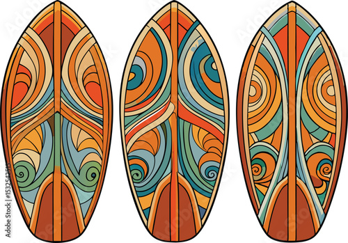 Retro Abstract Surfboard Vector Illustration with Swirling Brushstroke Patterns