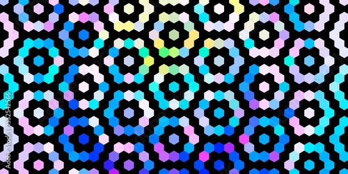 Abstract pattern repeating of floral-like shapes formed by clusters of small, colorful hexagons on a black background