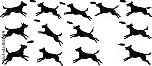 Vector illustration of energetic dogs jumping to catch frisbees, black silhouettes in playful motion, perfect for pet design concepts