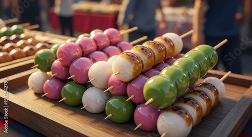 Colorful japanese dango rice dumplings on skewers displayed at a vibrant food stall