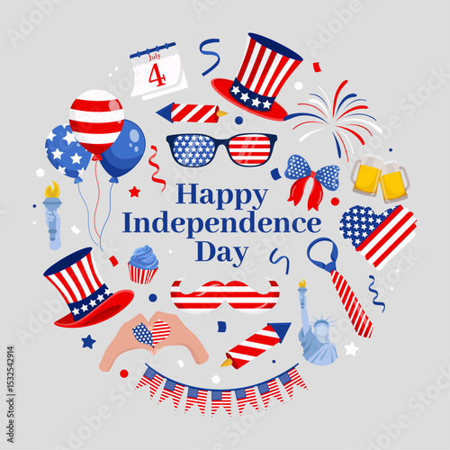 Circular frame Happy Independence Day card Usa flag elements 4th July