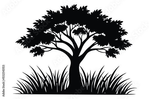 Black Tree Silhouette with Grass Illustration, Nature Artwork, Vector Graphic, Garden Design