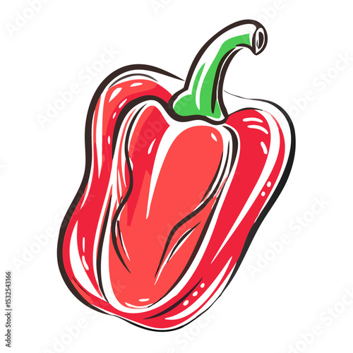 Red bell pepper in cartoon glossy sketch style, with stem and shine, isolated on white. Concept: vegan food blog, grocery label, healthy menu, Veggie Day, Autumn Market.