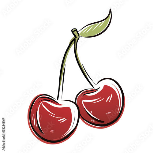 Red cherry pair with green leaf in glossy cartoon sketch style, fresh fruit look on white. Concept: juice brand, summer market, food blog, Fruit Festival, Picnic Day.