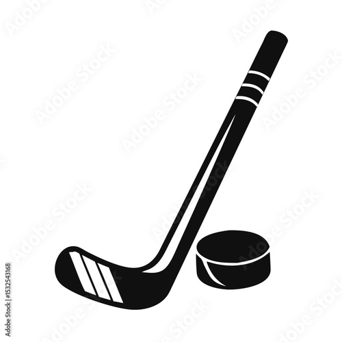 Black vector hockey stick with puck, bold minimal style on white background, sports gear icon. Concept: sports equipment shop, winter club, match ad, Hockey Day, Winter Games.