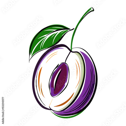 Plum fruit with cut section and green leaves, colorful sketch on white, hand-drawn shading. Concept: farm brand, nutrition content, fruit menu, Autumn Fair, Vegan Day.