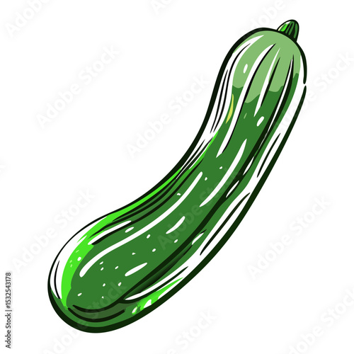Glossy green cucumber in cartoon sketch style, elongated fresh vegetable with shine. Concept: vegan brand, nutritionist poster, food blog, Summer Market, Salad Day.