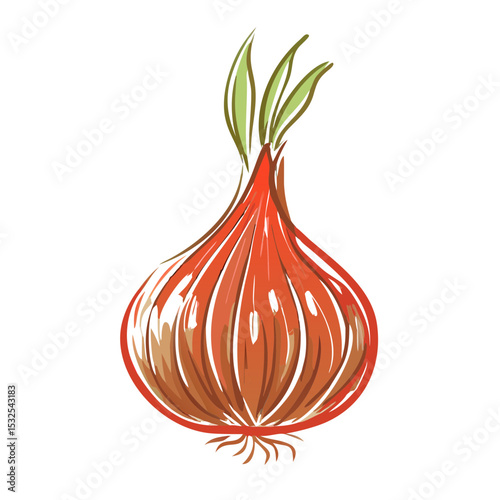 Red onion with green stem in colored pencil sketch style, smooth round bulb on white. Concept: food packaging, vegetarian menu, cooking blog, Harvest Festival, Food Day.