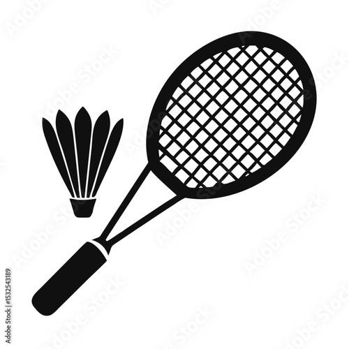 Minimal black badminton racket and shuttlecock icon, representing racquet sports or active play. Summer activity, training guide, club tournament concept