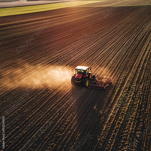 Tractor cultivating field at spring .