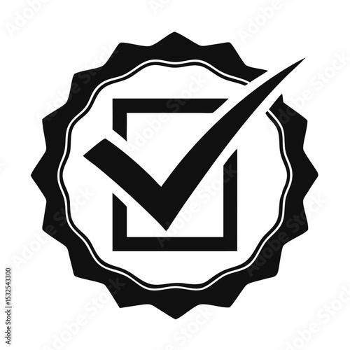 Black checkmark inside badge shape, bold flat vector icon on white, symbol of approval and verified status. Concept: web service, certification brand, app UI, Approval Day, Tech Launch.