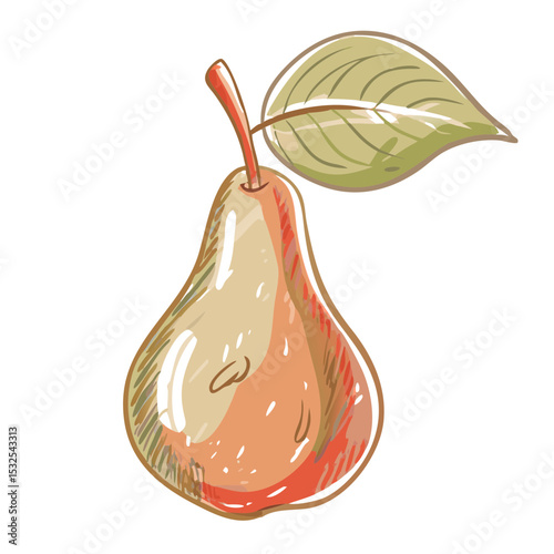 Color pencil sketch of ripe pear with green leaf, isolated on white, stylized soft tones. Concept: organic shop, fruit brand, nutrition content, Autumn Fair, Eco Day.