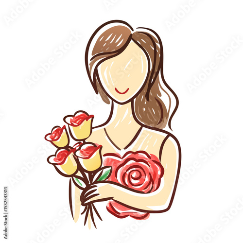 Stylized woman with brown hair holding red flower bouquet, elegant sketch style on white. Concept: florist brand, beauty blog, greeting card design, Women’s Day, Mother’s Day.