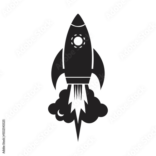 Black rocket icon with flames launching upward, representing startup, innovation or space mission. Tech branding, science project, growth metaphor concept