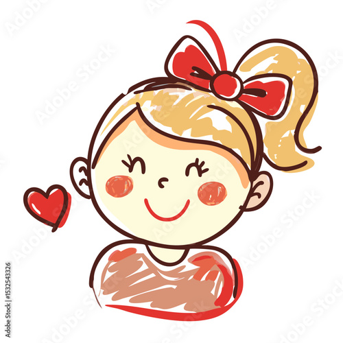 Cute hand-drawn cartoon girl with red bow and heart symbol, smiling in front view. kids branding, children’s book, love postcard concept. Early education, toy packaging, girl power design concept