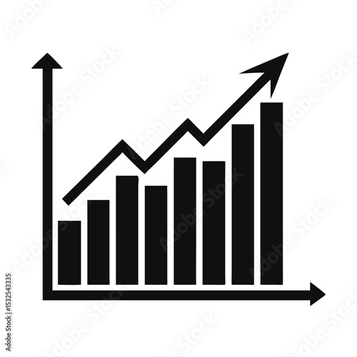 Bold black bar chart with rising arrow trend line, symbolizing growth, success or performance tracking. Business pitch, dashboard analytics, financial concept