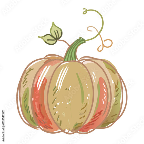 Hand-drawn orange pumpkin with green stem, colored sketch style on white, harvest vegetable symbol. Concept: food blog, organic store, cooking channel, Halloween, Thanksgiving.