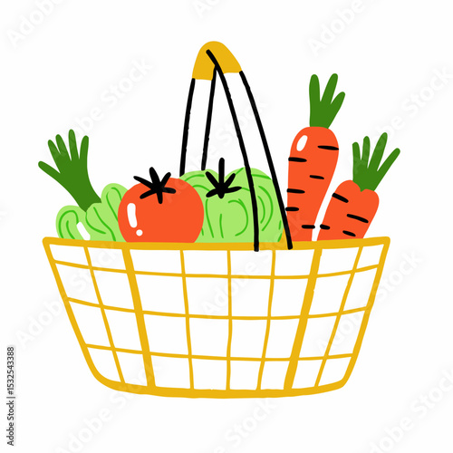 Hand-drawn illustration of grocery basket filled with fresh vegetables like carrots, tomatoes, greens, created in colorful children's sketch style. Concept: vegan shop, nutritionist blog, eco grocery 