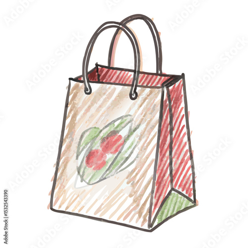 Color pencil sketch of a paper grocery bag with fruit print and handles, shown in a hand-drawn eco style. Concept: organic store, food delivery, zero waste shop. Can illustrate Earth Day, vegan events