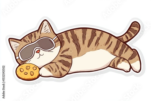 Cat lounges lazily with cookie while wearing stylish sunglasses on a sunny day
