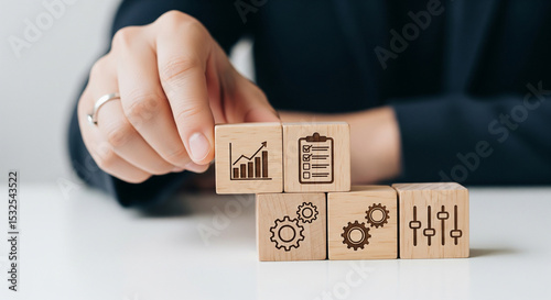 A hand places a growth graph block atop others with a checklist, gears, and controls. Represents business strategy, task management, process optimization, and growth