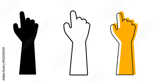 Hand Pointing Up Icon Set. Black Silhouette, Outline, and Yellow Shape Vector Illustrations for Click, Select, Guide, and Interaction.  Hand Pointing or hand click Outline, and Silhouette icon.