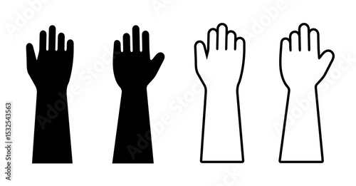 Raised Hands Icon Set. Black Silhouette and Outline Vector Illustrations for Participation, Voting, Asking, and Community Engagement Hands Icon Concepts. Raised Hand Outline, and Silhouette icon.
