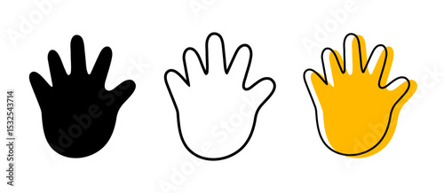 Handprint Icon Set. Black Silhouette, Outline, and Yellow Shape Vector Illustrations for Baby Print, Child Safety, Support, and Creative Art. Handprint Outline, and Silhouette icon.