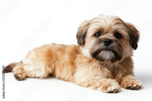 Fluffy companion lounging peacefully on a clean background, showcasing adorable features and playful spirit
