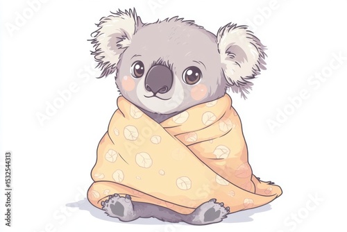 Cute koala in a cozy blanket looking adorable in a cheerful and whimsical illustration style