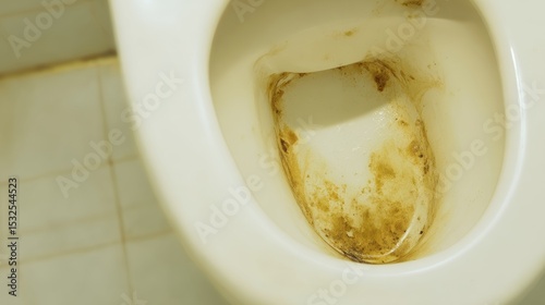 Close-up view of dirty unhygienic toilet bowl with limescale and yellow stains in public restroom, representing poor sanitation, bacteria risk, bad smell, and lack of cleanliness