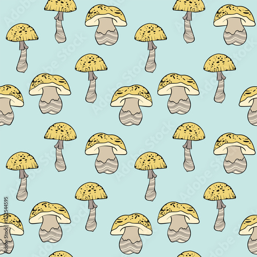 Seamless pattern with mushrooms. Hand drawn vector illustration. Vegan food menu. Poisonous and edible mushroom. Autumn mushroom picking, forest plant sketches.